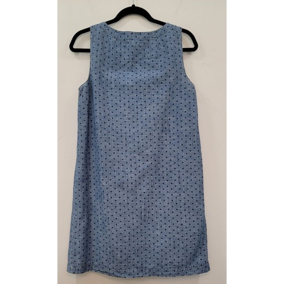 Fossil Blue Denim Jeans Shift Dress Lined Pleated Neck Sleeveless Polka Sz. S - Picture 3 of 7